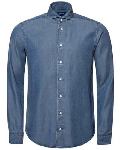 Eton Blue Light Washed Denim Slim Fit Shirt In Super Soft Cotton