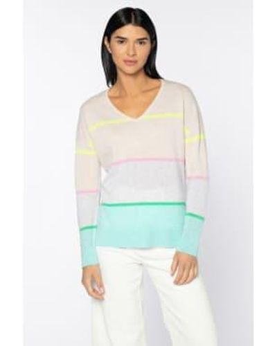 Kinross Cashmere Striped Easy Vee Oasis Multi Sweater - Green