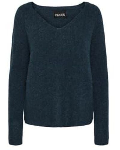 Pieces Pcellen V Neck Knitted Pullover Xs - Blue
