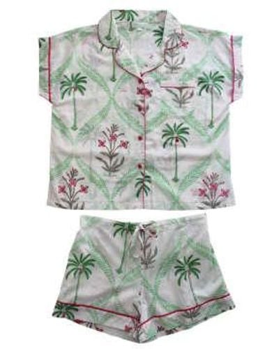 Powell Craft Ladies Floral Palm Tree Print Cotton Short Pajama Set S/m - Green