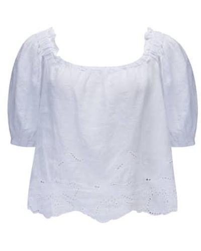 120% Lino Puff Sleeve Top In White - Blue