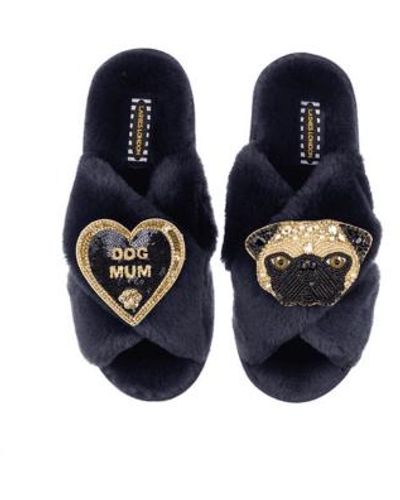 Laines London Classic Slipper With Pug And Dog Mum Brooches Navy - Blu