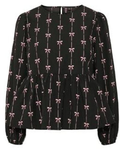 Pieces With Pink Bow Print Top - Black