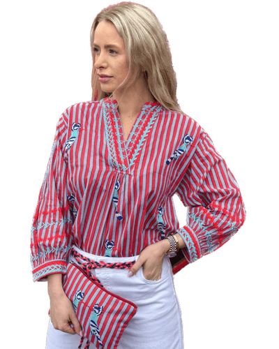 Nimo With Love Turquoise Red Striped Magnolia Blouse With Toucan Embroidery - Rosso