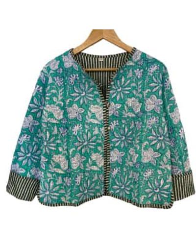 Behotribe  &  Nekewlam Jacket Quilted Reversable Cotton Kantha Block Printed Floral Large - Green