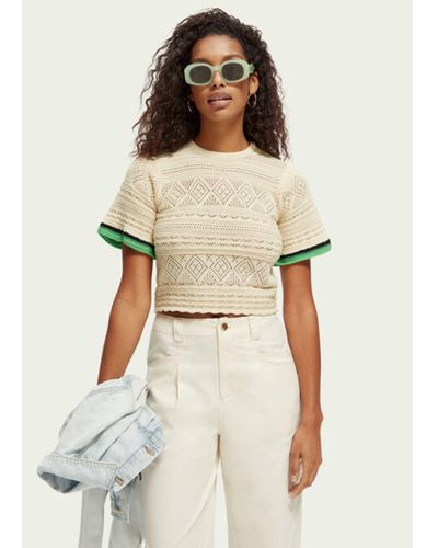 Maison Scotch Knitted Pointelle Crop Top - Natural