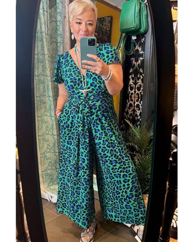 Miss Shorthair LTD Leopard Print Wide Leg Jumpsuit - Green
