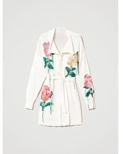 Twin Set Cardigan With Inlaid Flowers Print - Bianco