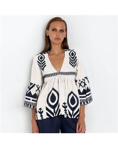 Greek Archaic Kori Short Sleeve Blouse In White And Navy 250021 - Blue
