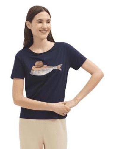 Nice Things Camiseta algodón pescado en la marina - Azul