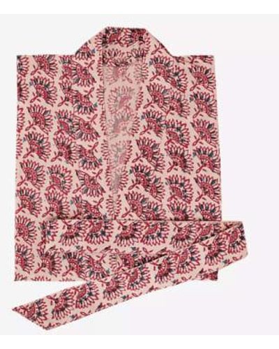 Madam Stoltz Printed Cotton Kimono With Belt Kimono-35 - Red