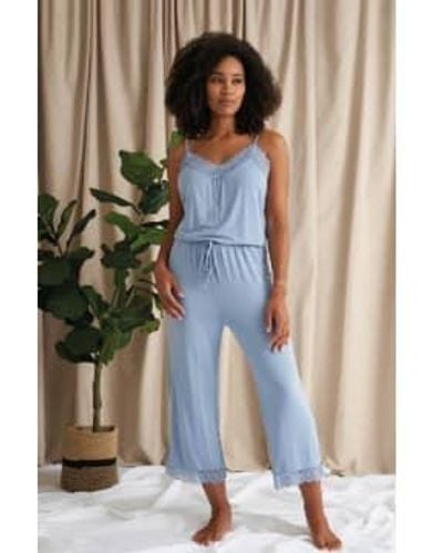 Pretty You London Bamboo Lace Cami Cropped Trouser Pajama Set - Blue