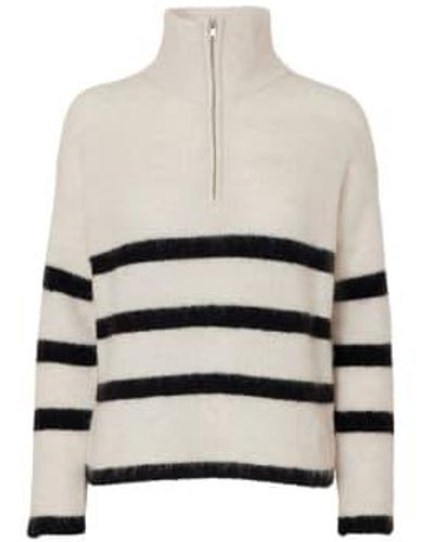 SELECTED Striped Sweater With Half Zip - Bianco