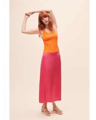 Suncoo Fun Satin Plain Midi Skirt - Pink