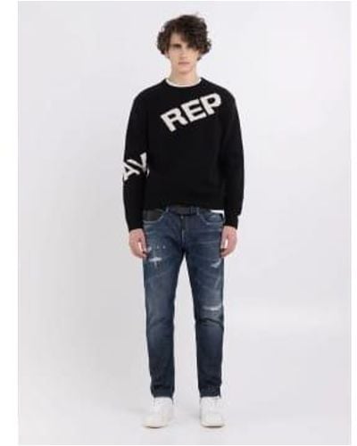 Replay Blend Sweater With Jacquard Logo Black - Blue