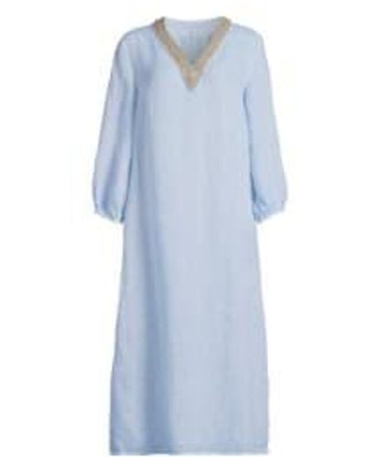 120% Lino 120 Embellished V Neck Midi Tunic Dress Size: 10, Col: 10 - Blue