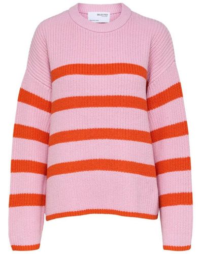 SELECTED Striped Knitted Jumper - Red