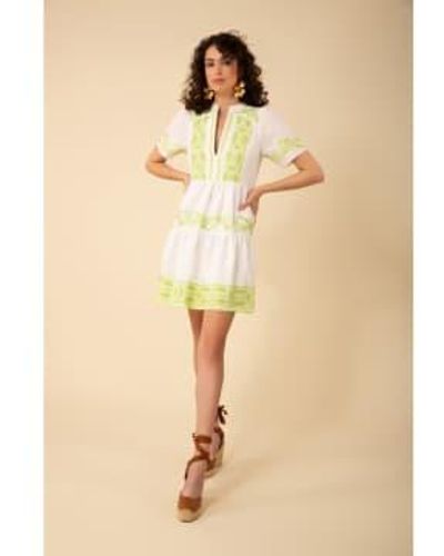 Hale Bob Leaf print à plusieurs niveaux v robe courte col col: blanc / citron vert, taille - Neutre