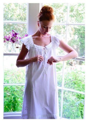 Powell Craft Ladies White Cotton Nightdress 'margo' - Green