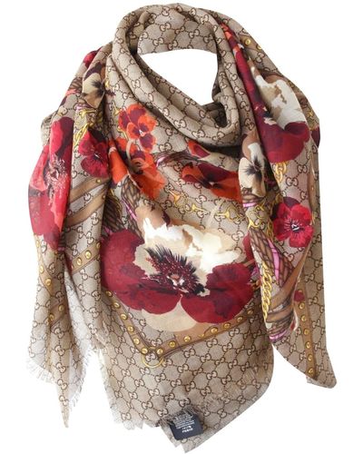 Gucci Ssima Scarf Made Of Soft Wool And Silk Bordeaux Flowers Print - Rosa