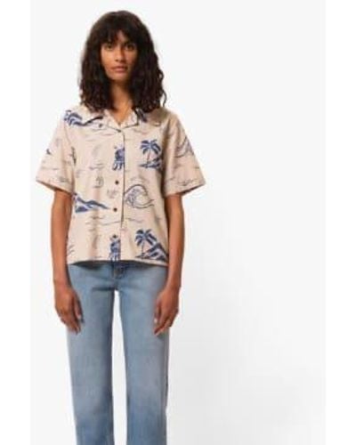 Nudie Jeans Moa Waves Hawaii Shirt Ecru Xs - Blue