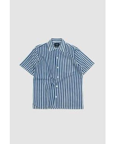 Drake's Drakes Ss Block Print Camp Collar Shirt Stripe - Blu