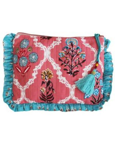 Powell Craft Block Printed & Blue Floral Quilted Make Up Bag - Red