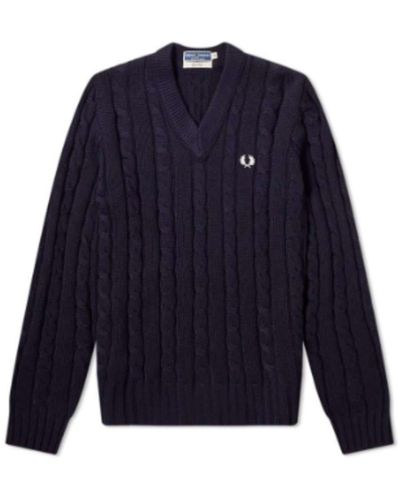 Fred Perry Blue K4311 608 V Neck Cable Knit Jumper