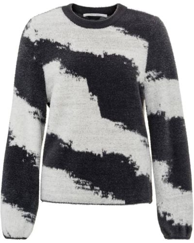 Yaya Fur Jumper With Crewneck And All Over Pattern - Black