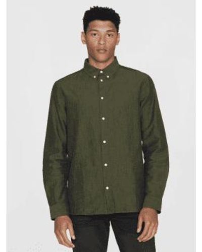 Knowledge Cotton 1090005 camisa lino ajuste personalizado oliva quemada - Verde