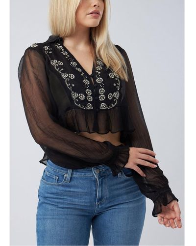 Free People S Kasey Sheer Embellished V Neck Blouse - Black