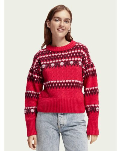 Maison Scotch Cable Knit Fairisle Sweater Red - Rosso
