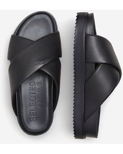 SELECTED Clea Black Leather Slider Sandals - Multicolor