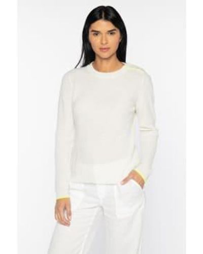 Kinross Cashmere Piped Shoulder Button Crew Whisper - Bianco