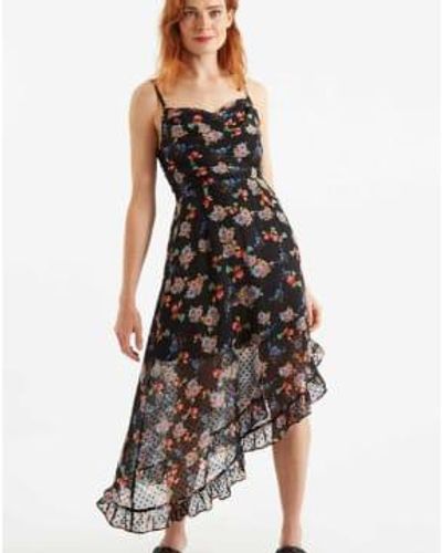 Lilac Rose Louche dina carpathian florals imprimer la robe midi lanière asymétrique - Noir