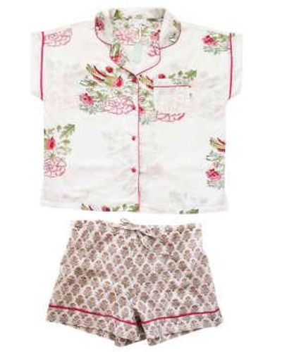 Powell Craft Block Printed Floral Bird Cotton Short Pajama Set - Multicolor