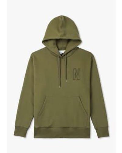 Norse Projects Mens Arne Relaxed Organic Brushed Fleece N Logo Hoodie In - Verde