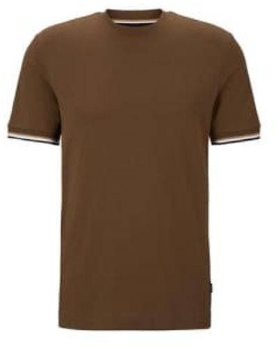BOSS Thompson 04 Open Brown T Shirt With Signature Stripe Cuff Detail 50501097 361 - Marrone