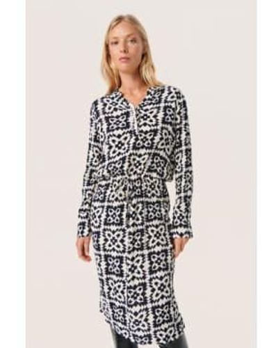 Soaked In Luxury Zaya Printed Dress Ls In And Navy Folklore - Bianco