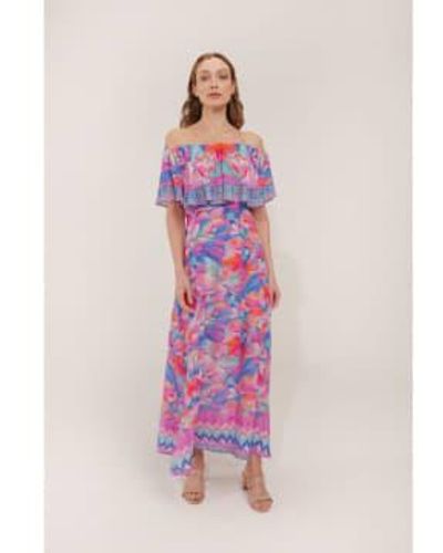 Inoa Ladybell Milano Print Frilled Maxi Dress Col Multi - Rosa