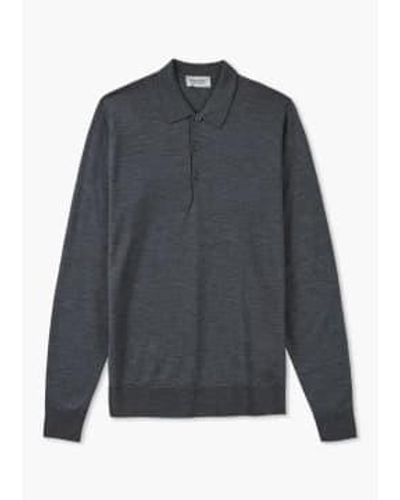 John Smedley Mens Knitted Belper Long Sleeve Polo Shirt In Charcoal - Grigio