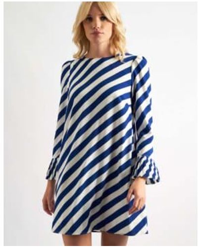 Louche London Megann Pleat Cuff Mini Dress Diagonal Lines 8 - Blue