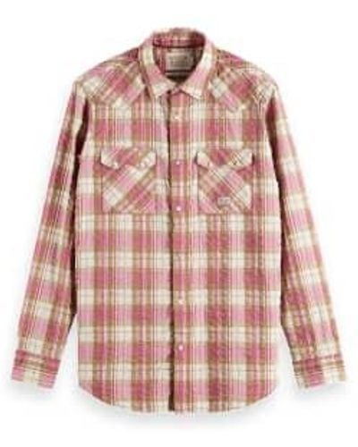 Scotch & Soda Taupe Regular Fit Checked Western Shirt M - Pink