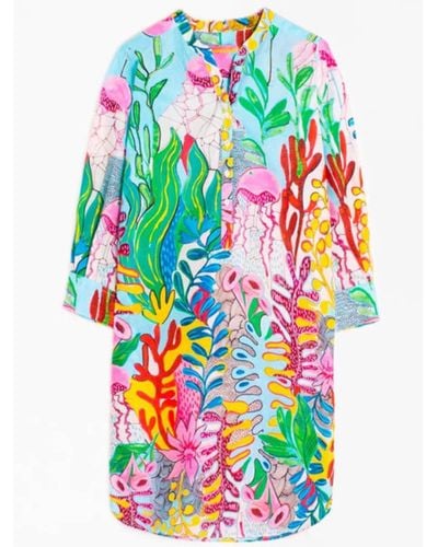 Vilagallo Blue Dani Cotton Shirt Style Belize Print Dress - Multicolour