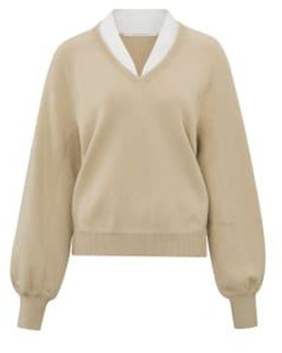 Yaya V Neck With Woven Detail Sweater Ls Or White Pepper Beige - Neutro