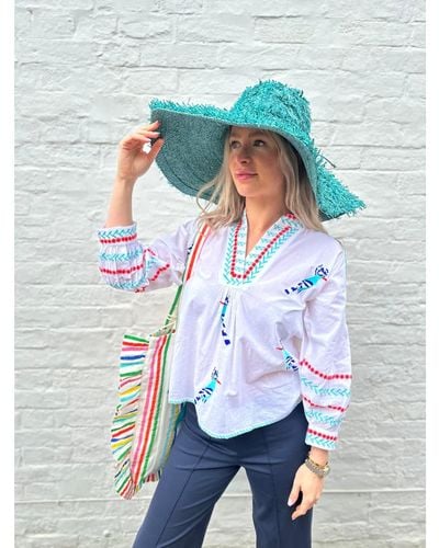 Nimo With Love Turquoise White Striped Magnolia Blouse With Toucan Embroidery