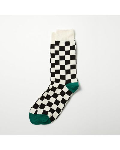 RoToTo Checkerboard Crew Socks Green & Ivory - White