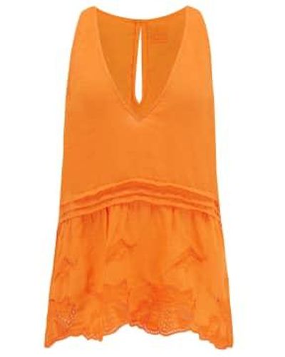 120% Lino Sleeveless Top With Embroidery In Darin 16 - Orange