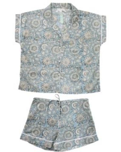 Powell Craft Block Printed Cornflower Cotton Short Pyjama Set - Blu