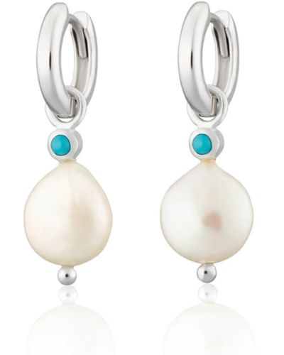 Scream Pretty Pearl And Turquoise Sterling Silver Charm Hoops Earrings - Blu